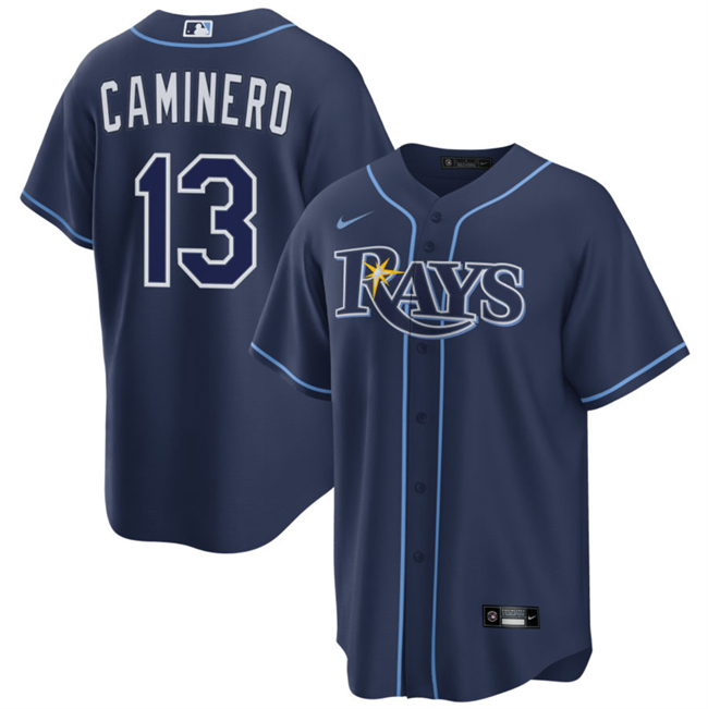 Men's Navy Tampa Bay Rays #13 Junior Caminero Cool Base Stitched Baseball Jersey